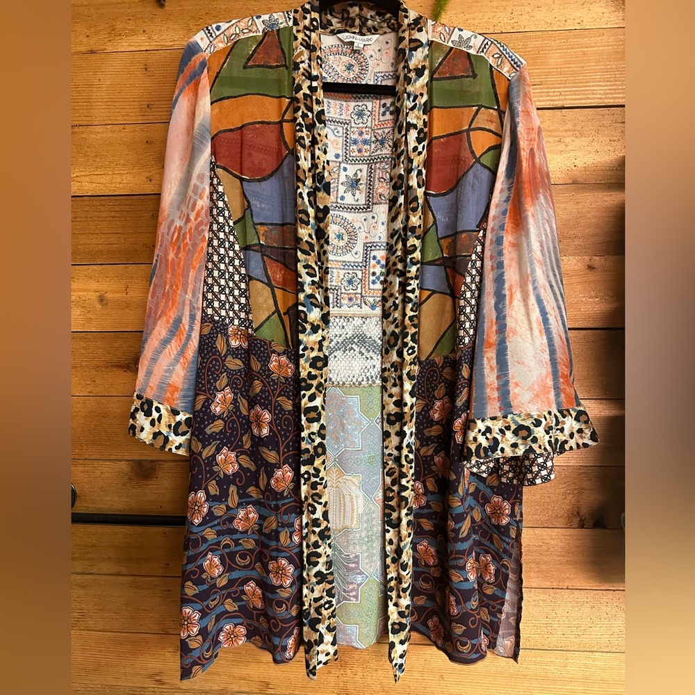 John Mark Multi Fabric Cardigan jewel tones Leopard  print  Size L